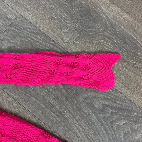 Women's Pink Crochet Knit Cardigan Sweater Pink Open front Boho Chic - Picture 9 of 10